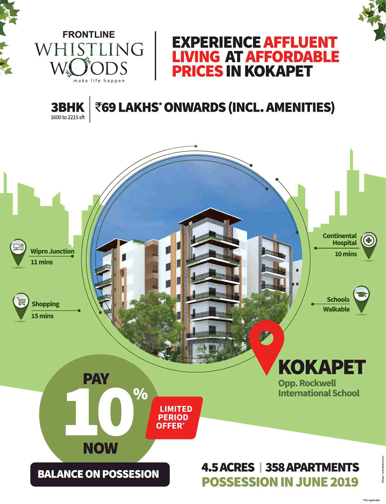 Pay only 10% now and balance on possession at Frontline Whistling Woods in Hyderabad Update
